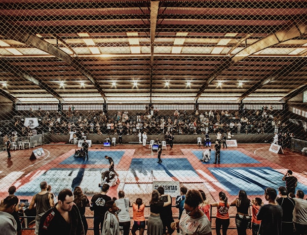 A large indoor arena with a high ceiling, filled with an audience seated on bleachers. In the center, two fighters are engaged in a martial arts competition on blue and red mats. The scene is captured through a mesh fence, adding a textured foreground.